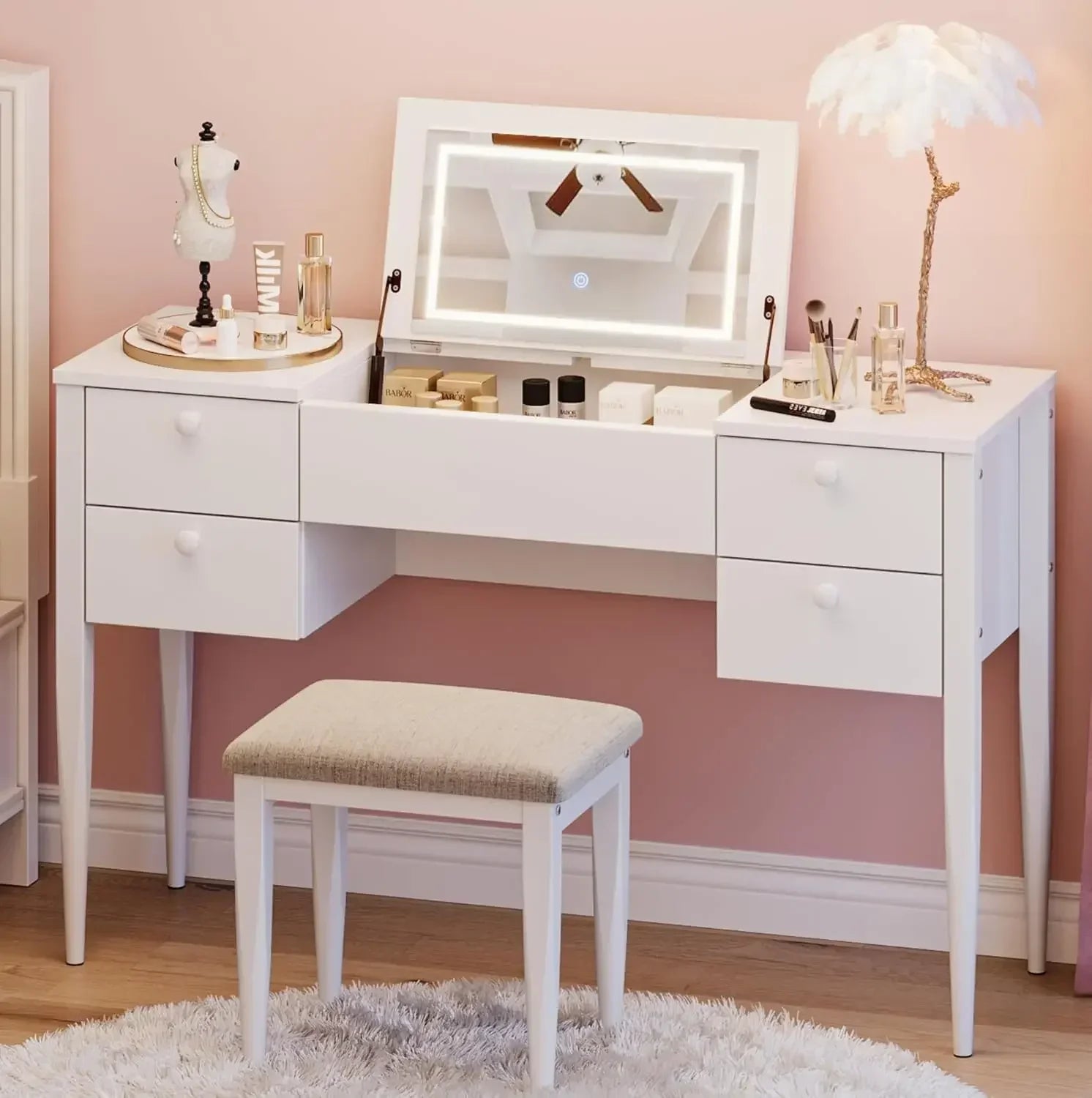 47" Makeup Vanity Desk with Flip Top Mirror & Lights, 3 Lighting Modes, 5 Drawers & Chair