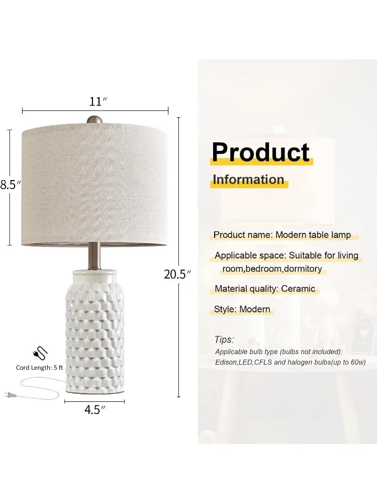 20.5" White Ceramic Bedside Lamp Set of 2 – Modern Farmhouse Table Lamps for Bedroom, Living Room, Office, Dorm